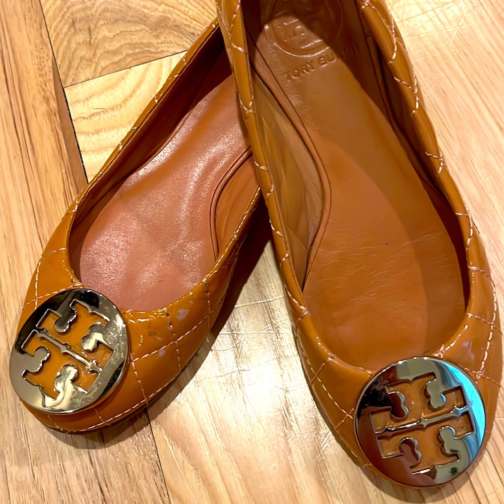 Tory Burch Tan Flats with Gold Logo